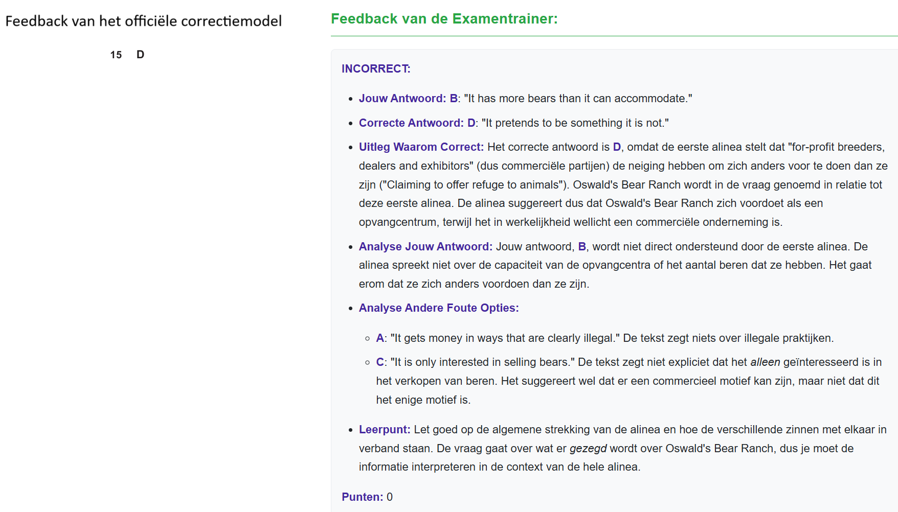 Voorbeeld van feedback in AISHA Examentrainer