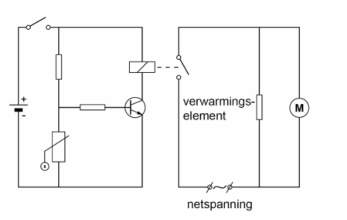 Correct ingevuld schakelschema met een motor parallel aan het verwarmingselement.